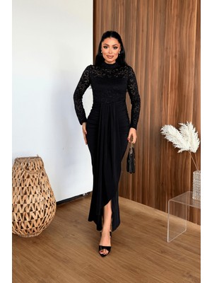 Giyimmasalı Üst Dantel Alt Sandy Kumaş Elbise - SİYAH-GYM-0003