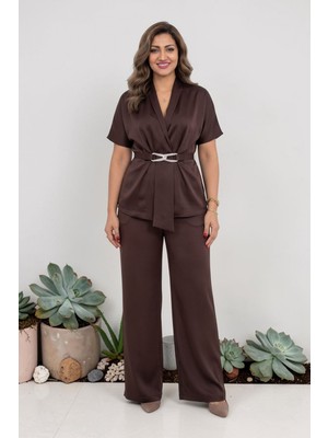 Zishan Fashion Kadın Büyük Beden Krep Saten Abiye Takım Ceket Pantolon 2'li Set - 36059