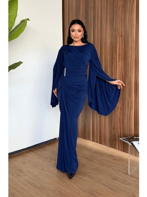 Giyimmasalı Sandy Kumaş Büzgü Detaylı Elbise - LACİVERT-GYM-0016