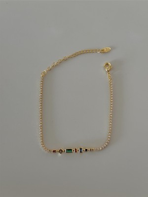 Renkli Zirkon Taş Su Yolu Kadın Gold Bileklik 17+5 cm