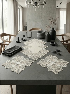 Valora Concept Fransız Dantelli Venüs Model Keten Gardenya Lüks 3'lü Runner Salon Oda Sehpa Örtüsü