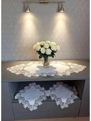 Valora Concept Fransız Dantelli Menekşe Model Keten Gardenya Lüks 3'lü Runner Salon Oda Sehpa Örtüsü