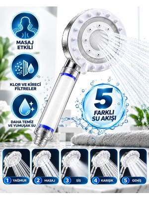 Etorva Store Beyaz Filtreli Duş Başlığı 5 Farklı Su Akışı Masaj Etkili Klor ve Kireç Filtreleme
