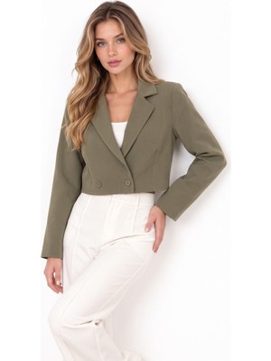 Saade Haki Kadın Regular Fit Kruvaze Kapama Dokuma Crop Blazer Ceket -Şık & Spor