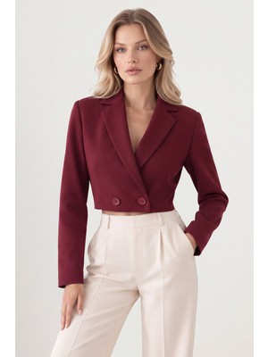Saade Bordo Kadın Regular Fit Kruvaze Kapama Dokuma Crop Blazer Ceket -Şık & Spor