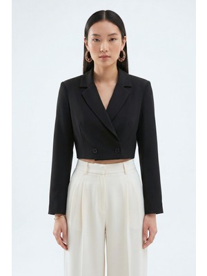 Saade Siyah Kadın Regular Fit Kruvaze Kapama Dokuma Crop Blazer Ceket -Şık & Spor