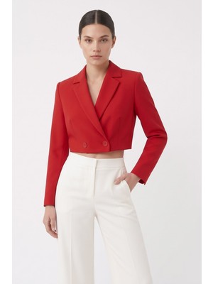 Saade Kırmızı Kadın Regular Fit Kruvaze Kapama Dokuma Crop Blazer Ceket -Şık & Spor