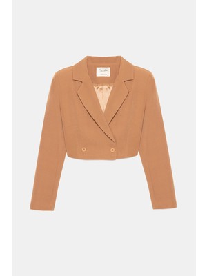 Saade Kamel Kadın Regular Fit Kruvaze Kapama Dokuma Crop Blazer Ceket -Şık & Spor