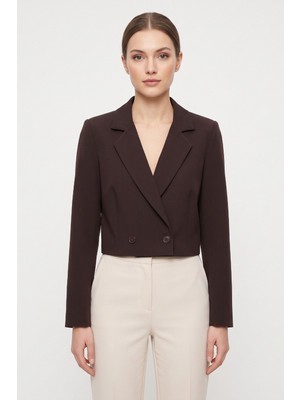 Saade Acı Kahverengi Kadın Regular Fit Kruvaze Kapama Dokuma Crop Blazer Ceket -Şık & Spor