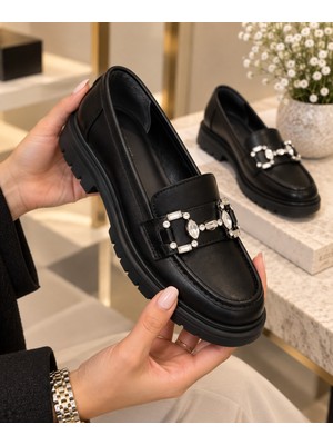 Zenora Shoes Kadın Tokalı Taşlı Loafer Makosen Ortopatik Kalın Tabanlı Ayakkabı