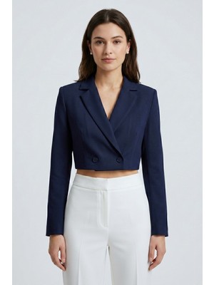 Saade Koyu Lacivert Kadın Regular Fit Kruvaze Kapama Dokuma Crop Blazer Ceket -Şık & Spor