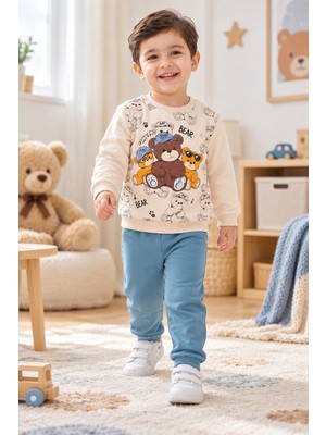 Tucan Kids Erkek Çocuk Eşofman Takımı Ayıcık Baskılı Sweatshirt Jogger Alt 2’li Takım