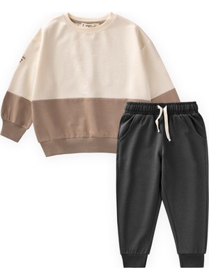 Cigit Garnili Sweatshirt İnce Mevsimlik Takım 2-8 Yaş Ekru Antrasit
