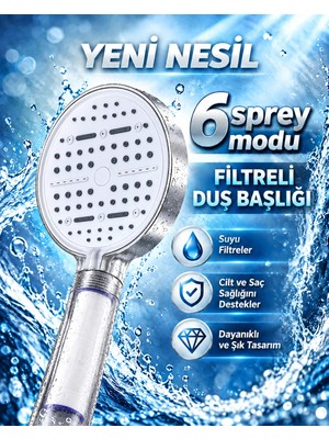 Sovrent Büyük Panelli 6 Farklı Su Modlu Filtreli Duş Başlığı Beyaz Tasarım