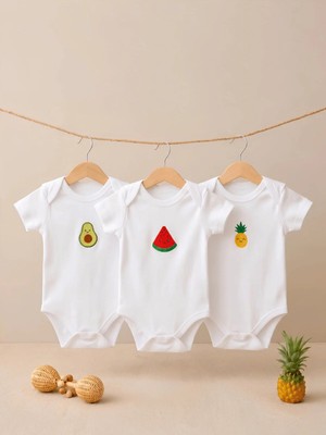 Elibaby %100 Pamuk 3'lü Nakışlı Kısa Kollu Bebek Body Zıbın Seti (Avokado, Karpuz, Ananas)