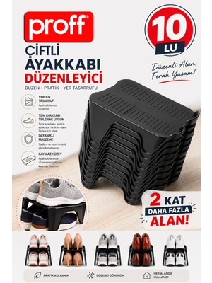 proff 10'lu Ayakkabı Düzenleyici Siyah Rampa Dolap Içi Yer Tasarruflu Çiftli Ayakkabılık Organizer
