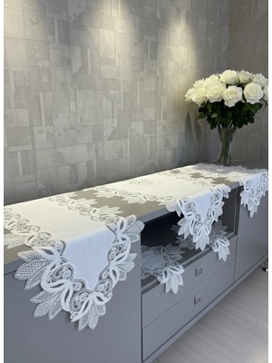 Valora Concept Fransız Dantelli Lalezar Model Keten Gadenya Lüks 5'li Runner Salon Oda Sehpa Örtüsü