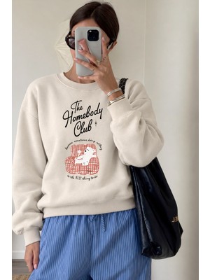 Monila Kadın Premium Kumaş 3 Iplik Şardonlu Ayıcık Baskılı Sweatshirt
