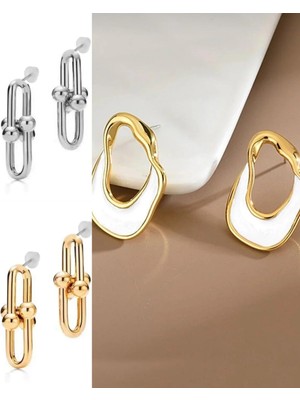 İlraysa 3’lü Kombin Set: Gold ve Gümüş Renk Küpe | Asimetrik Küpe | Trend Aksesuarlar