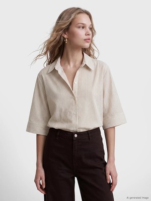 Lc Waikiki Yeni Sezon Bej Çizgili Oversize Kadın Gömlek