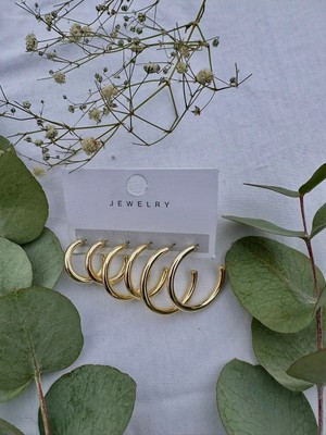 GREENSEA Üçlü Set Pirinç Gold Kaplama Halka Küpe 12 mm - 15 mm - 18 mm