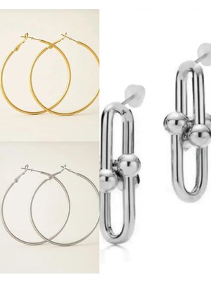 İlraysa 3’lü Kombin Set: Klipsli Gold ve Gümüş Renk Büyük Halka Küpe | Tiffany Küpe | Trend Aksesuarlar