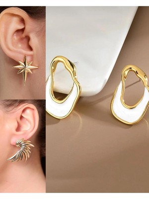 İlraysa 3’lü Kombin Set: Gold Kuzey Yıldızı ve Gold Kanat Küpe | Asimetrik Küpe | Trend Aksesuarlar