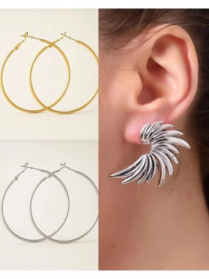İlraysa 3’lü Kombin Set: Klipsli Gold ve Gümüş Renk Büyük Halka Küpe | Kanat Küpe | Trend Aksesuarlar