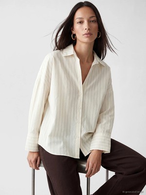 Lc Waikiki Yeni Sezon Ekru Çizgili Oversize Kadın Gömlek
