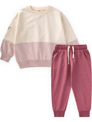 Cigit Garnili Sweatshirt İnce Mevsimlik Takım 2-8 Yaş Ekru Antik Pembe