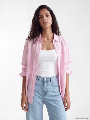 Lc Waikiki Yeni Sezon Pembe Çizgili Oversize Keten Karışımlı Kadın Gömlek
