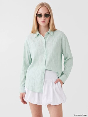 Lc Waikiki Yeni Sezon Yeşil Çizgili Oversize Kadın Gömlek