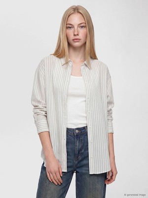 Lc Waikiki Yeni Sezon Haki Çizgili Oxford Oversize Kadın Gömlek