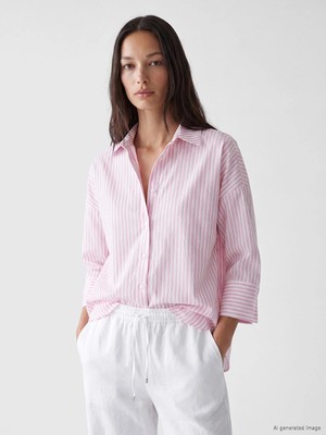 Lc Waikiki Yeni Sezon Pembe Çizgili Oversize Poplin Kadın Gömlek