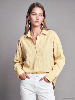 Lc Waikiki Yeni Sezon Sarı Çizgili Oversize Modal Karışımlı Kadın Gömlek