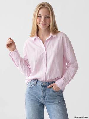 Lc Waikiki Yeni Sezon Pembe Çizgili Oversize Oxford Kadın Gömlek