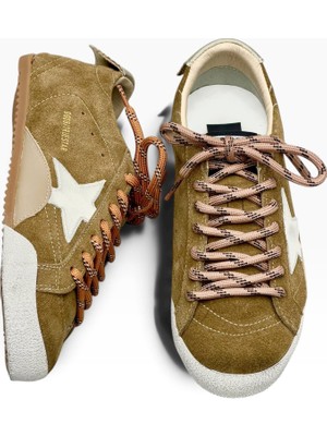 Globalux Golden Goose True-Star Brown Suede  - Kadın Sneaker White Star Vintage Look & Distressed Effect - Kadın Ayakkabı