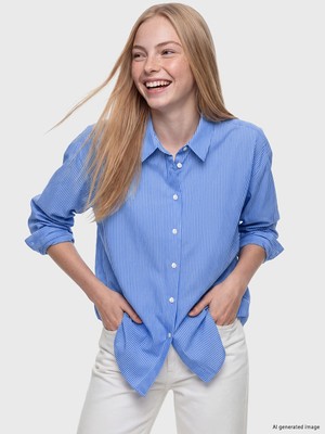 Lc Waikiki Yeni Sezon Mavi Çizgili Oversize Poplin Kadın Gömlek
