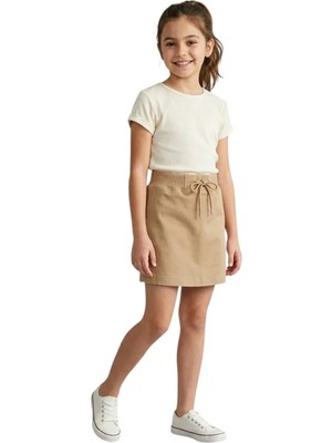 ERDEM KIDS Kız Çocuk Beli Lastikli Ribanalı Bağcıklı Kanvas-Keten Bej Okul Şort Etek