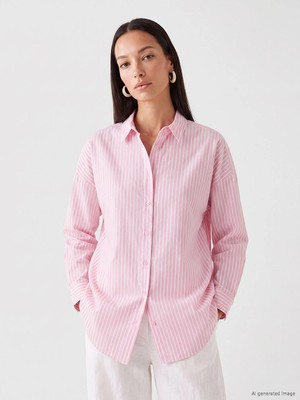 Lc Waikiki Yeni Sezon Pembe Çizgili Poplin Kadın Gömlek