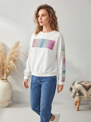 Daisy Tasarım Kadın Beyaz Bisiklet Yaka Tasarım Detaylı Rahat Kesim Günlük Sweatshirt / Üst Giyim