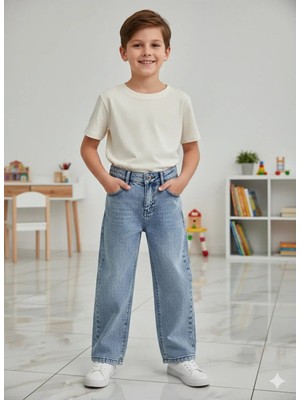 ERDEM KIDS Erkek Çocuk Pamuklu Beli Lastikli Baggy Jean Pantolon Rahat Kalıp Geniş Bol Paça Kot Pantolon — Buz Mavi