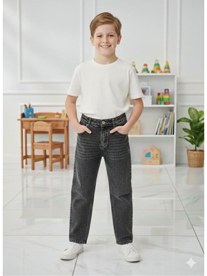 ERDEM KIDS Erkek Çocuk Pamuklu Beli Lastikli Baggy Jean Pantolon Rahat Kalıp Geniş Bol Paça Kot Pantolon — Füme Gri