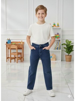 ERDEM KIDS Erkek Çocuk Pamuklu Beli Lastikli Baggy Jean Pantolon Rahat Kalıp Geniş Bol Paça Kot Pantolon — Koyu Mavi