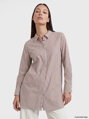 Lc Waikiki Yeni Sezon Kahverengi Çizgili Poplin Kadın Gömlek Tunik