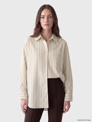 Lc Waikiki Yeni Sezon Ekru Çizgili Poplin Kadın Gömlek Tunik