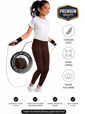 ERDEM KIDS Kız Çocuk / Kadın Cepli Yüksek Bel, Günlük, Koşu, Yürüyüş, Yoga, Spor, Atletik, Egzersiz, Fitness Tayt — Kahve