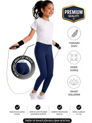 ERDEM KIDS Kız Çocuk / Kadın Cepli Yüksek Bel, Günlük, Koşu, Yürüyüş, Yoga, Spor, Atletik, Egzersiz, Fitness Tayt — Lacivert