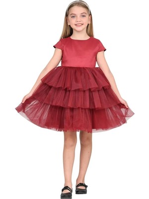 ERDEM KIDS Kız Çocuk Fırfırlı Tüllü Saten Düğün Kına Nişan Nikah Doğum Günü Özel Gün Abiye Elbise Gelinlik 4-8 Yaş — Bordo