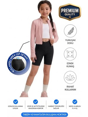 ERDEM KIDS Kız Çocuk Cepli Kruvaze Kemer Yüksek Bel Biker Günlük Koşu Yürüyüş Yoga Spor Voleybol Fitness Kısa Tayt — Siyah